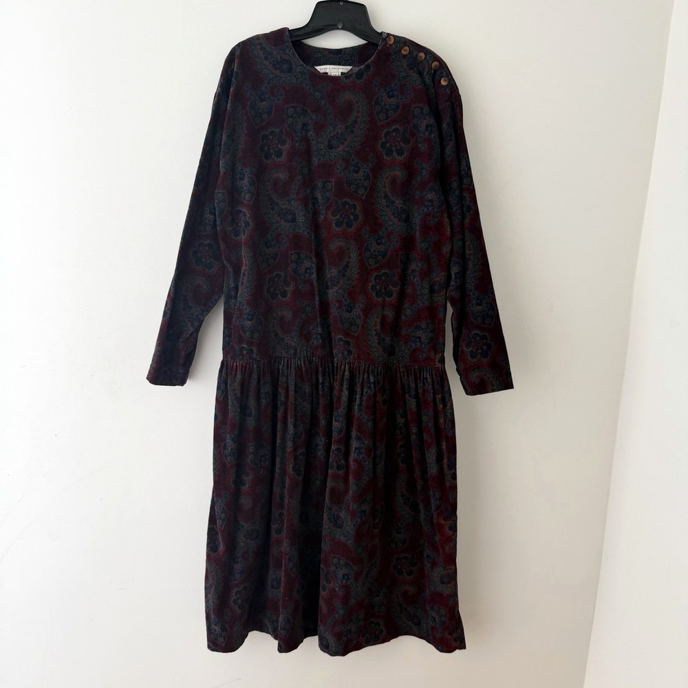 Vintage Dark Floral Corduroy Cottage Core Tea Dress Victorian 12 USA Made Retro‎